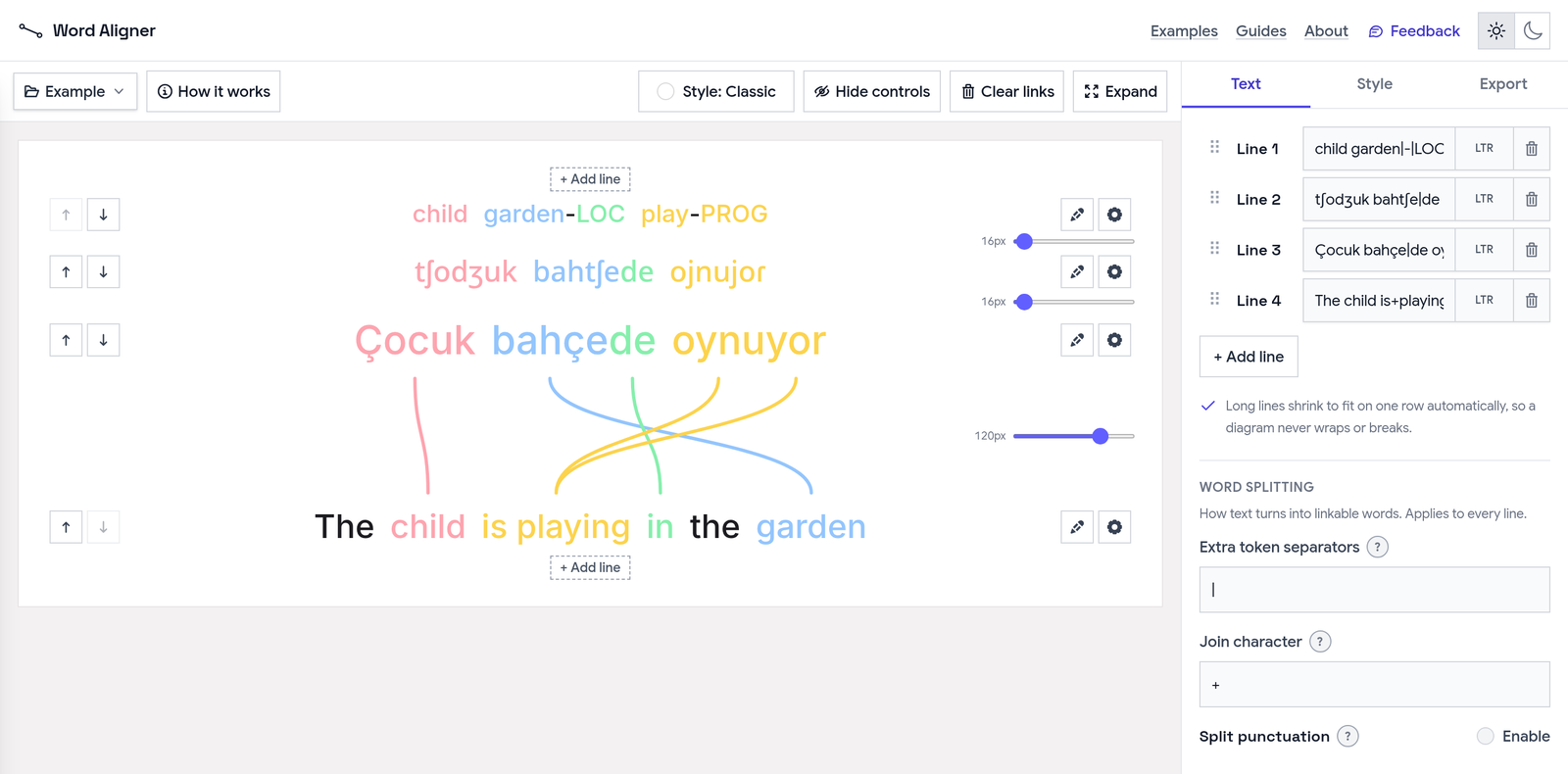 Word Aligner editor with four lines - glosses, IPA, source, translation - and connectors between words