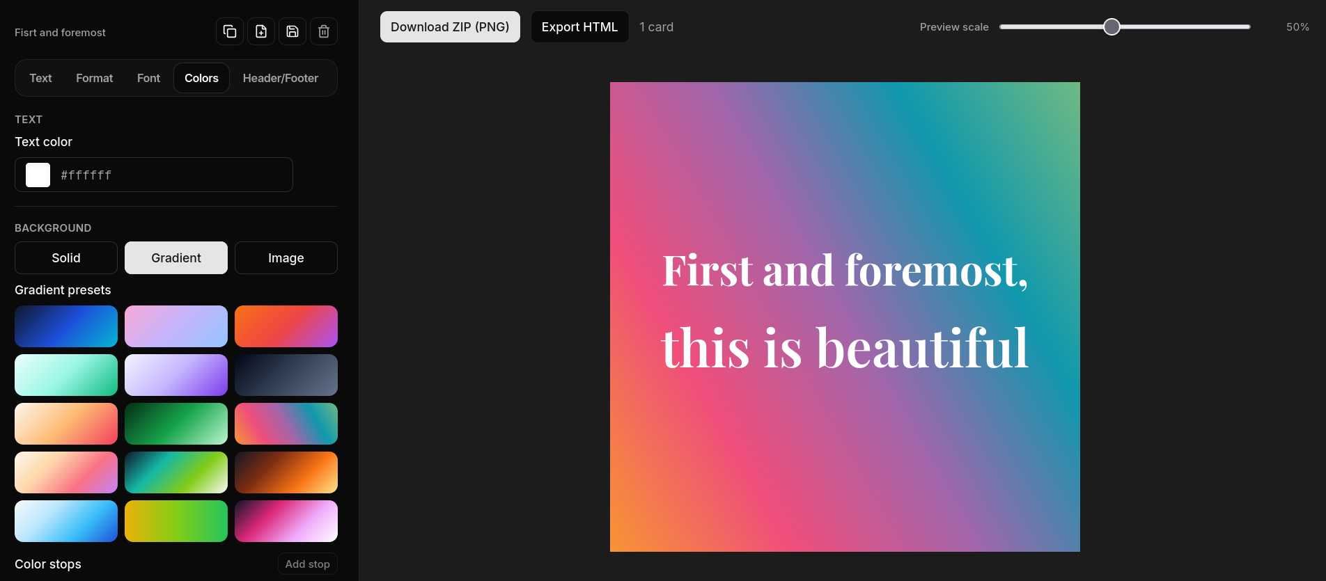 Cards editor preview - social text card maker